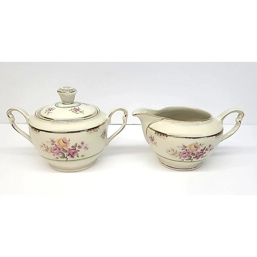 Bavaria Germany US Zone Sugar & Creamer-Ivory w/Pink/Yellow Flowers-Gold Trim